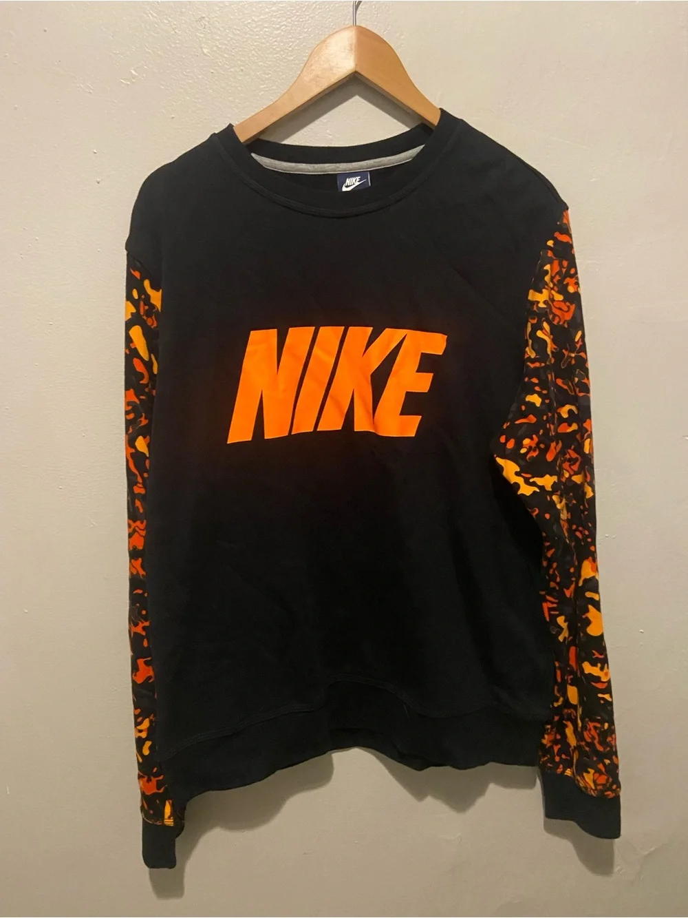Nike Black Crewneck Sweater with Bright Orange Logo & Orange Camo Sleeves